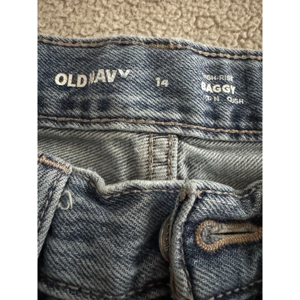 Old Navy Girls High-Rise Baggy Wide-Leg Jeans 14 Blue Medium Wash Pockets